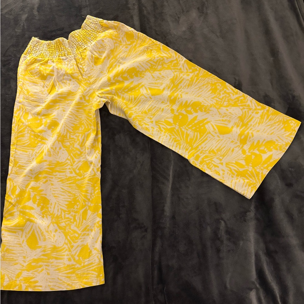 Tahari Yellow Linen smocked waist with pockets wide legged SZ Like L